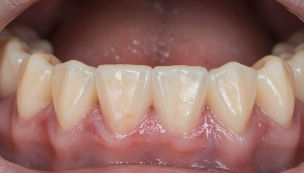 A close-up view of an oral cavity, focusing on the gums and soft tissues. The scene should depict healthy gum tissue alongside areas showing mild irritation and lesions, illustrating conditions like gingivitis and oral ulcers. Use natural lighting to highlight the textures of the gum tissue, capturing subtle shades of pink and red. The image should have a clinical quality, resembling a professional dental examination, with a slight depth of field to emphasize the gums in the foreground while softly blurring the background. The atmosphere is informative and educational, aimed at conveying the importance of oral health and the conditions that may benefit from treatment. No people should be present, ensuring a safe and neutral presentation.