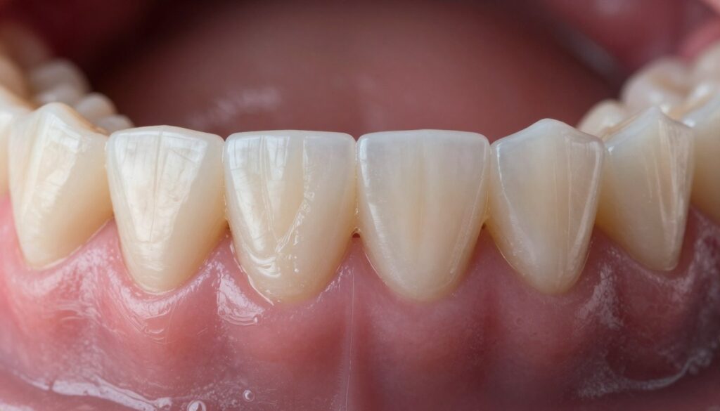 A close-up view of dental plaque on a set of healthy human teeth, emphasizing the buildup of soft, sticky film near the gum line. The foreground features a magnified image, showcasing the texture and color of the plaque in detail, with a slight glistening effect from lighting. The middle section includes the natural curvature of the teeth, clearly revealing the contrast between plaque and clean enamel. The background is blurred to emphasize focus on the plaque, with a soft, warm light illuminating the scene to create an informative and hygienic atmosphere. Capture the image from a dentist's perspective, using a macro lens angle, to evoke a sense of clinical examination and awareness of oral hygiene. The composition should feel educational and engaging, suitable for a health-related article.