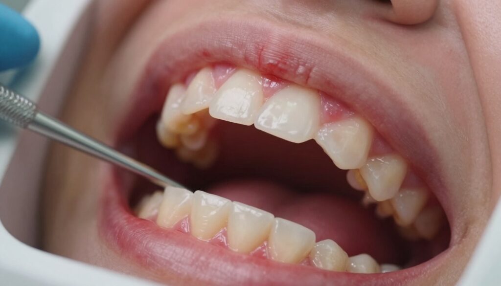 A close-up view of the interior of a human mouth displaying the soft tissues of the gums, highlighting areas of irritation and injury. The focus should be on inflamed gums with a slightly swollen appearance, displaying redness and minor abrasions, possibly from mechanical trauma. The image should include dental tools in the background to provide context of oral care, illuminated by soft, diffuse lighting to enhance the textures and details of the gum tissue. The angle should be slightly tilted to give depth, while maintaining a clinical and educational atmosphere. The overall mood should be informative and cautionary, suited for an article on oral health.