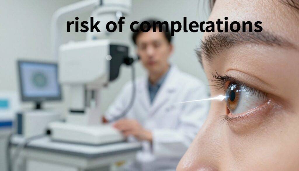 A compelling and informative illustration depicting the concept of "risk of complications" in laser vision correction. In the foreground, feature a close-up of a human eye with a subtle, artistic representation of laser beams targeting it, evoking a sense of precision and technology. In the middle ground, include a soft-focus, professional-looking optometrist in a white coat, observing the eye, symbolizing expertise and safety. The background should show a modern laser eye surgery clinic with high-tech equipment, softly lit to create a calm and professional atmosphere. The overall mood should reflect seriousness and attentiveness, highlighting the important theme of safety and caution in medical procedures. Use natural lighting to enhance the clarity and depth of the image.