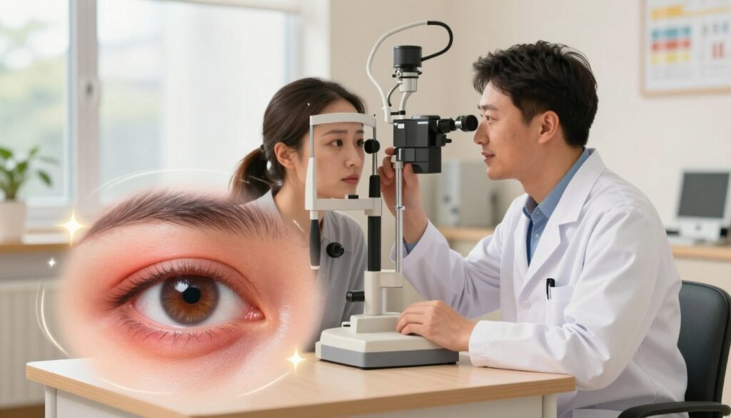 A conceptual illustration depicting various eye-related symptoms and concerns. In the foreground, a close-up of an eye showing signs of redness and discomfort, surrounded by visual representations of symptoms like blurred vision or floaters, depicted creatively with light trails and sparkles. In the middle, an attentive optometrist examining a patient’s eyes using an advanced phoropter, wearing professional attire, and displaying a reassuring expression. In the background, a serene clinic environment with soft, natural lighting filtering through large windows, creating a calm atmosphere. The color palette should be warm and inviting, emphasizing a sense of care and professionalism.