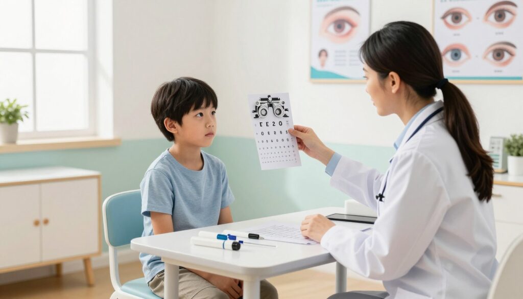 A concerned pediatrician examines a young child, around 6-8 years old, seated in a well-lit, modern examination room. The child, wearing modest casual clothing, appears slightly puzzled as the doctor holds an eye chart in front of them. On the desk, various eye examination tools are organized neatly. The room has soft, calming colors to create an inviting atmosphere, with educational posters about eye health on the walls. Bright, diffused light streams in from a nearby window, casting gentle shadows and enhancing the focus on the interaction. The scene conveys a sense of care and expertise, emphasizing the importance of vision health in childhood development. A concerned pediatrician examines a young child, around 6-8 years old, seated in a well-lit, modern examination room. The child, wearing modest casual clothing, appears slightly puzzled as the doctor holds an eye chart in front of them. On the desk, various eye examination tools are organized neatly. The room has soft, calming colors to create an inviting atmosphere, with educational posters about eye health on the walls. Bright, diffused light streams in from a nearby window, casting gentle shadows and enhancing the focus on the interaction. The scene conveys a sense of care and expertise, emphasizing the importance of vision health in childhood development.