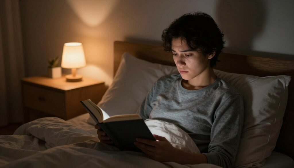 A cozy, dimly lit room showcasing a person reading a book in bed surrounded by soft pillows and a warm blanket. The background features a nightstand with a small lamp casting a gentle, ambient glow, illuminating the pages of the book while creating soft shadows. The reader, a young adult dressed in comfortable, modest sleepwear, has a focused and slightly concerned expression, emphasizing the theme of "reading in the dark." The lighting is warm and inviting, suggesting a comfortable yet cautionary atmosphere. The angle captures both the reader's face and the book's pages, highlighting the potential strain on the eyes in low light. The overall mood is reflective and thought-provoking, effectively illustrating the topic.