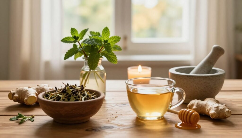 A cozy home setting featuring a wooden table adorned with natural remedies for gum inflammation. In the foreground, a rustic bowl filled with herbal teas, ginger, and honey, alongside a mortar and pestle. In the middle, a small vase of fresh peppermint leaves and a calming candle emitting a soft glow. The background showcases a sunlit window with sheer curtains, casting warm, golden light across the scene, creating an inviting atmosphere. The mood is serene and health-focused, emphasizing natural healing methods. No people are present; instead, the focus remains on the earthy, holistic items laid out neatly, symbolizing supportive home remedies for gum health.