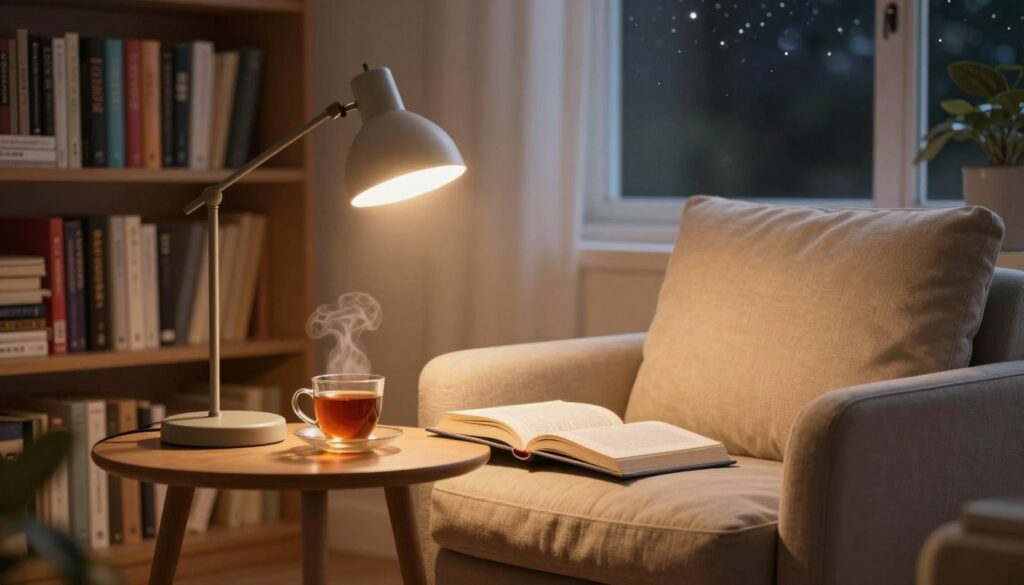 A cozy reading nook illuminated by warm, soft lighting. In the foreground, a comfortable armchair with plush cushions sits beside a small, elegant table adorned with a steaming cup of tea. A stylish, adjustable lamp casts a gentle glow over an open book resting on the table. In the middle ground, a bookshelf filled with colorful novels creates an inviting atmosphere. The background features a softly blurred window revealing a serene night scene, with faint stars twinkling in the dark sky. The overall mood is tranquil and inviting, emphasizing comfort and clarity for reading, with a focus on the balance of light and shadow to highlight the importance of proper lighting for eye comfort.