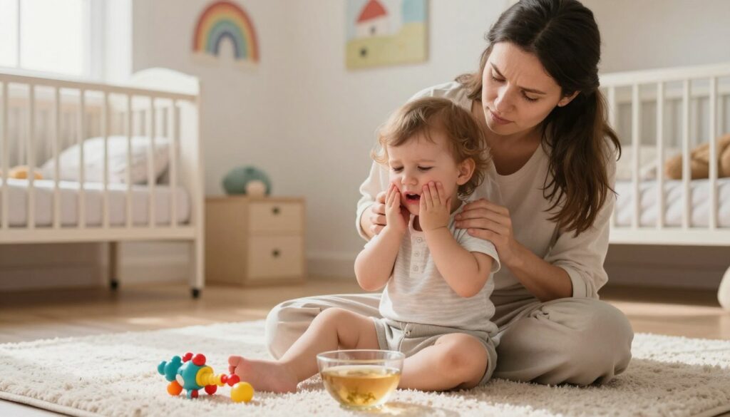 A cozy, softly-lit room featuring a concerned but gentle-looking parent soothing their toddler who is sitting on a plush rug, holding their cheek. The child appears to be in mild discomfort due to teething, with visible swollen gums. The foreground includes a colorful teething toy and a small bowl of homemade chamomile tea for soothing relief. In the background, a playful nursery with pastel colors, whimsical wall art, and a crib with soft bedding adds to the comforting atmosphere. Natural light filters through a window, creating a warm and inviting ambiance, evoking a sense of care and safety during this tender moment.