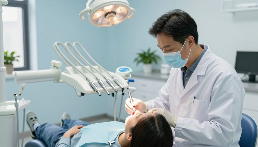 A dental clinic interior with a focus on a treatment setting for gum inflammation under a dental bridge. In the foreground, a dentist in professional business attire gently examines a patient reclining in a dental chair, showcasing a dialogue of care and expertise. The middle ground features dental instruments neatly arranged, and a bright overhead light illuminating the work area for clarity. The background includes a calming, sterile environment with light blue walls and potted plants, fostering a soothing atmosphere. Soft natural light streams through a window, enhancing the warm and inviting mood while reflecting a sense of professionalism and trust. The angle is slightly above eye level to capture the interaction between the dentist and patient, conveying reassurance and safety throughout the treatment scene. A dental clinic interior with a focus on a treatment setting for gum inflammation under a dental bridge. In the foreground, a dentist in professional business attire gently examines a patient reclining in a dental chair, showcasing a dialogue of care and expertise. The middle ground features dental instruments neatly arranged, and a bright overhead light illuminating the work area for clarity. The background includes a calming, sterile environment with light blue walls and potted plants, fostering a soothing atmosphere. Soft natural light streams through a window, enhancing the warm and inviting mood while reflecting a sense of professionalism and trust. The angle is slightly above eye level to capture the interaction between the dentist and patient, conveying reassurance and safety throughout the treatment scene.