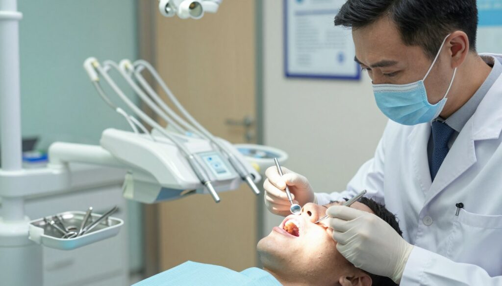 A dental clinic scene focused on the diagnosis of gum recession. In the foreground, a dentist in professional attire examines a patient's mouth using a dental mirror, highlighting the receded gums. The dentist has a focused, attentive expression. Soft, diffused lighting illuminates the scene, creating a calm and professional atmosphere. In the middle ground, a dental chair with modern equipment is visible, along with a close-up of dental tools neatly arranged on a tray. In the background, a softly blurred dental office with calming colors and certifications on the wall enhances the professional setting. The overall mood is clinical yet reassuring, emphasizing the importance of dental health and patient care.
