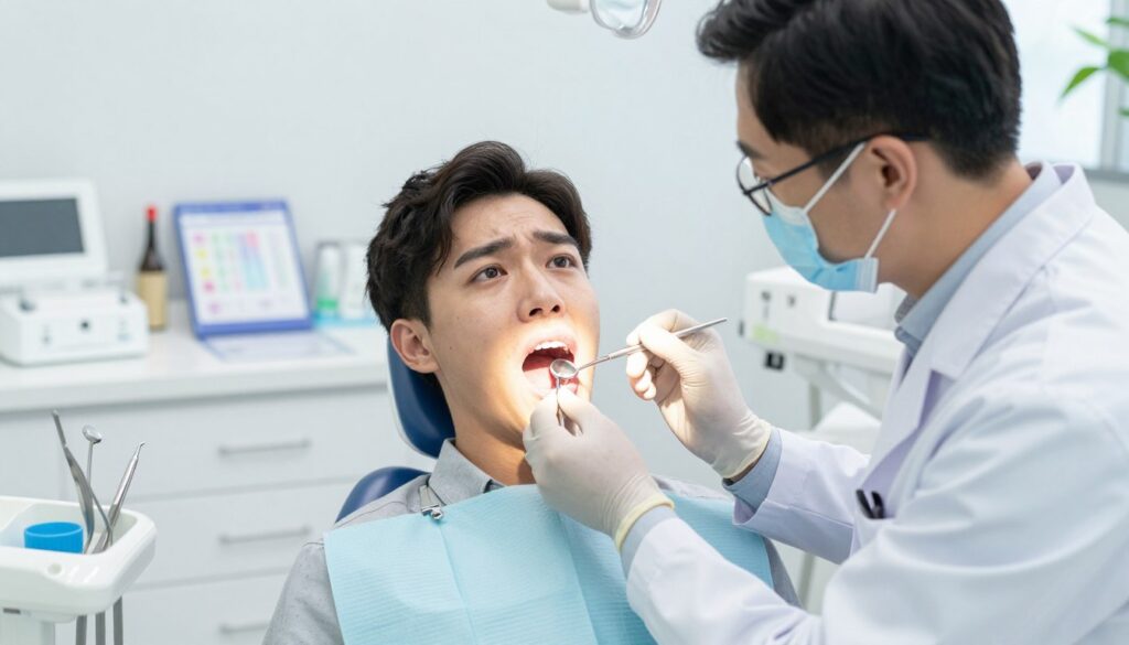 A dental consultation scene set in a professional clinic. In the foreground, a dentist in a white coat, wearing protective gloves and glasses, examines a patient's gums using a dental mirror and light. The patient, dressed in a casual, modest shirt, appears anxious, with a worried expression, emphasizing the importance of seeking timely medical attention. In the middle ground, dental instruments and charts on the counter highlight the medical environment. The background features a clean, modern dental office with bright, natural lighting illuminating the area. The atmosphere conveys urgency and professionalism, with a focus on the patient’s wellbeing and the critical nature of dental health concerns. A dental consultation scene set in a professional clinic. In the foreground, a dentist in a white coat, wearing protective gloves and glasses, examines a patient's gums using a dental mirror and light. The patient, dressed in a casual, modest shirt, appears anxious, with a worried expression, emphasizing the importance of seeking timely medical attention. In the middle ground, dental instruments and charts on the counter highlight the medical environment. The background features a clean, modern dental office with bright, natural lighting illuminating the area. The atmosphere conveys urgency and professionalism, with a focus on the patient’s wellbeing and the critical nature of dental health concerns.