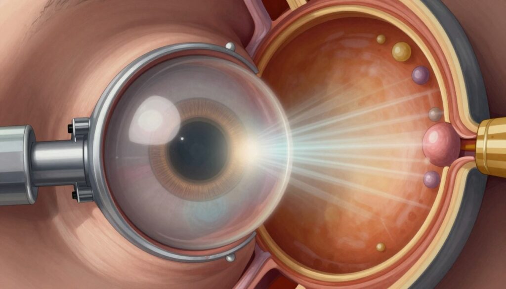 A detailed anatomical illustration focusing on the human eye, showcasing the process of light refraction. In the foreground, depict the cornea with its curved surface reflecting light rays entering the eye. In the middle ground, illustrate the crystalline lens and its ability to adjust focus, surrounded by subtle representations of light rays bending towards the retina. In the background, render the retina with intricate layers and photoreceptor cells. Use soft, natural lighting to highlight the structures, with a slight vignette to draw attention to the center. The atmosphere should convey a sense of scientific exploration and clarity, emphasizing the complexity and precision of the eye's refractive system.
