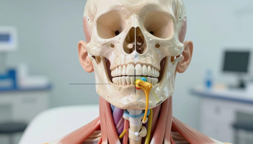 A detailed anatomical illustration showcasing the temporomandibular joint (TMJ) of a patient. In the foreground, a clear, labeled diagram of the TMJ anatomy displays the joint structure, surrounding muscles, and facial bones, highlighted in vibrant colors to emphasize their relationships. The middle layer includes a cross-sectional view of the jaw, demonstrating the joint's mechanics and potential points of dysfunction. The background features a blurred clinical setting, such as a treatment room, to suggest a professional environment. The lighting is soft and diffuse, casting gentle shadows that enhance depth, while the camera angle is slightly above eye-level, providing a clear view of the joint's complexity. The overall mood is informative and clinical, suitable for educational purposes. A detailed anatomical illustration showcasing the temporomandibular joint (TMJ) of a patient. In the foreground, a clear, labeled diagram of the TMJ anatomy displays the joint structure, surrounding muscles, and facial bones, highlighted in vibrant colors to emphasize their relationships. The middle layer includes a cross-sectional view of the jaw, demonstrating the joint's mechanics and potential points of dysfunction. The background features a blurred clinical setting, such as a treatment room, to suggest a professional environment. The lighting is soft and diffuse, casting gentle shadows that enhance depth, while the camera angle is slightly above eye-level, providing a clear view of the joint's complexity. The overall mood is informative and clinical, suitable for educational purposes.