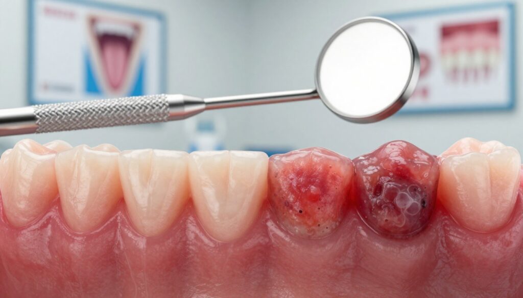 A detailed close-up of healthy gums contrasted with signs of gum cancer, emphasizing the differences. In the foreground, showcase the vibrant color and texture of healthy pink gums on one side, transitioning into the alarming symptoms of gum cancer such as redness, swelling, and lesions on the opposite side. The middle ground should feature a dental mirror and tools to suggest a dental examination setting. The background should be softly blurred, hinting at a clinical environment with dental posters related to gum health. Use soft, natural lighting to enhance the realism of the gums, capturing them from a slight angle to give depth. Overall, create an informative and serious mood to highlight the importance of awareness in gum health. A detailed close-up of healthy gums contrasted with signs of gum cancer, emphasizing the differences. In the foreground, showcase the vibrant color and texture of healthy pink gums on one side, transitioning into the alarming symptoms of gum cancer such as redness, swelling, and lesions on the opposite side. The middle ground should feature a dental mirror and tools to suggest a dental examination setting. The background should be softly blurred, hinting at a clinical environment with dental posters related to gum health. Use soft, natural lighting to enhance the realism of the gums, capturing them from a slight angle to give depth. Overall, create an informative and serious mood to highlight the importance of awareness in gum health.