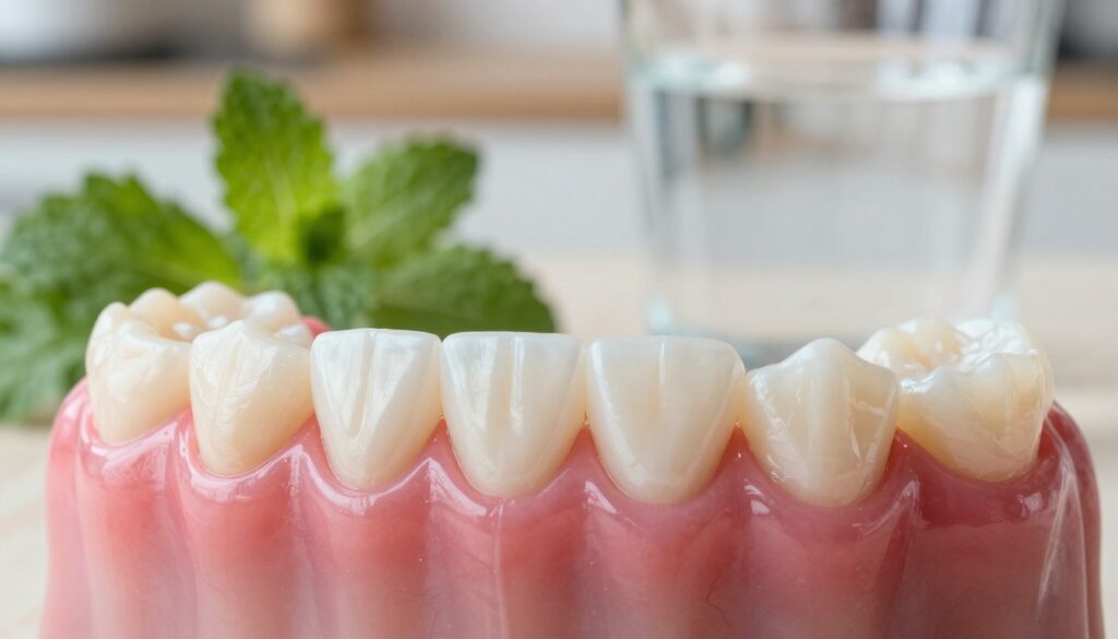 A detailed close-up of healthy, regenerating gum tissue around human teeth, showcasing the vibrant pink hues of the gums contrasted with the pearly white enamel of the teeth. The foreground features an anatomical view of the gums with subtle textures and fine blood vessels visible, indicating healing processes. In the middle ground, a few fresh, healthy herbs like parsley and mint are placed to symbolize dietary support for gum health, while a glass of water adds to the concept of hydration. The background is softly blurred, suggesting a homey kitchen atmosphere with warm, natural lighting to evoke a sense of comfort and care. Focused and clear depth of field, with a gentle, encouraging mood emanating throughout the image. A detailed close-up of healthy, regenerating gum tissue around human teeth, showcasing the vibrant pink hues of the gums contrasted with the pearly white enamel of the teeth. The foreground features an anatomical view of the gums with subtle textures and fine blood vessels visible, indicating healing processes. In the middle ground, a few fresh, healthy herbs like parsley and mint are placed to symbolize dietary support for gum health, while a glass of water adds to the concept of hydration. The background is softly blurred, suggesting a homey kitchen atmosphere with warm, natural lighting to evoke a sense of comfort and care. Focused and clear depth of field, with a gentle, encouraging mood emanating throughout the image.