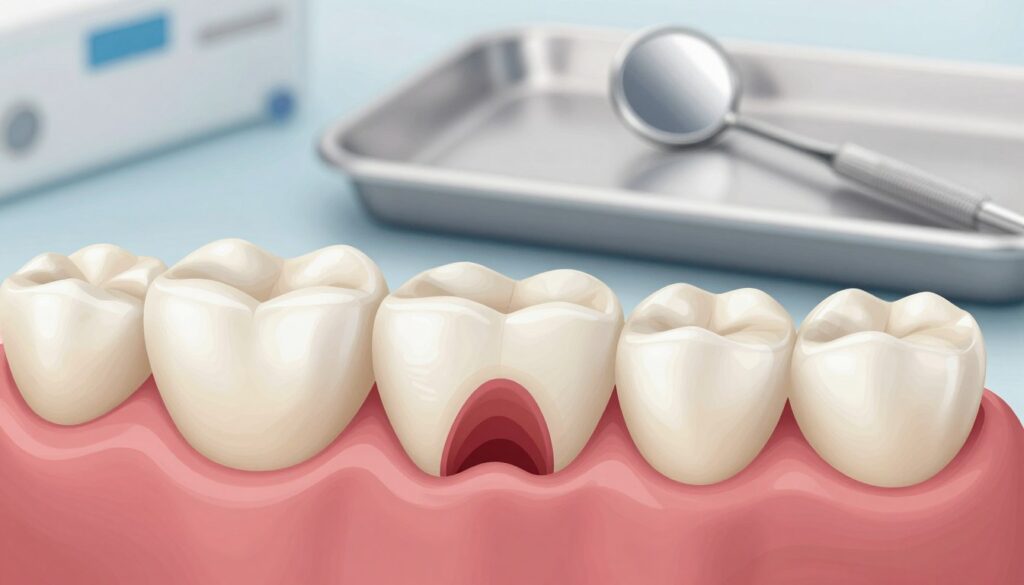 A detailed dental illustration showcasing a "periodontal pocket" conceptually resembling a cavity in the gums next to a tooth. In the foreground, highlight a close-up view of a healthy tooth and the surrounding gum tissue, emphasizing the pocket's depth and texture. The middle layer should display a slight shadow to illustrate the gum's contouring, adding realism. In the background, include dental tools such as a mirror and probe on a sterile tray, hinting at dental examination and treatment. Soft, diffused lighting creates a clinical yet approachable atmosphere, with a sharp focus on the tooth and gum detail, conveying the importance of dental health. A detailed dental illustration showcasing a "periodontal pocket" conceptually resembling a cavity in the gums next to a tooth. In the foreground, highlight a close-up view of a healthy tooth and the surrounding gum tissue, emphasizing the pocket's depth and texture. The middle layer should display a slight shadow to illustrate the gum's contouring, adding realism. In the background, include dental tools such as a mirror and probe on a sterile tray, hinting at dental examination and treatment. Soft, diffused lighting creates a clinical yet approachable atmosphere, with a sharp focus on the tooth and gum detail, conveying the importance of dental health.
