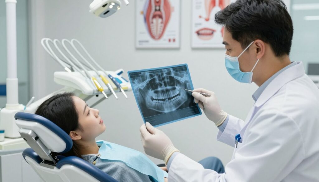 A detailed dental procedure set in a modern dental office, focusing on the process of uncovering and repositioning an impacted tooth. In the foreground, a skilled dentist in professional attire is carefully examining an X-ray image of a tooth while holding dental tools, displaying concentration and precision. The middle layer shows a dental chair with a patient, depicting a calm yet attentive atmosphere. Soft, natural lighting highlights the sterile environment, emphasizing the cleanliness of the space. In the background, an organized array of dental instruments and educational posters about dental anatomy create a professional ambiance. The mood conveys reassurance and professionalism, suitable for a dental treatment context.