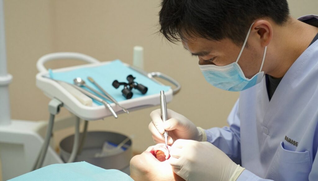 A detailed dental procedure showcasing gum recession treatment, focusing on the surgical technique of gum grafting to cover receded gums. In the foreground, a skilled dentist in professional attire is gently working on a patient’s mouth, highlighting the precision of the procedure. The dentist uses specialized dental instruments in a well-lit clinic environment, emphasizing the clinical aspect of the procedure. In the middle background, dental equipment, including surgical tools and loupes, are neatly arranged on a tray, contributing to the professionalism of the setting. Soft, warm lighting creates a calming atmosphere, contrasting with the clinical brightness usually found in surgery rooms. The image should capture the essence of dental care and recovery, emphasizing the importance of gum health without any distracting elements or text.