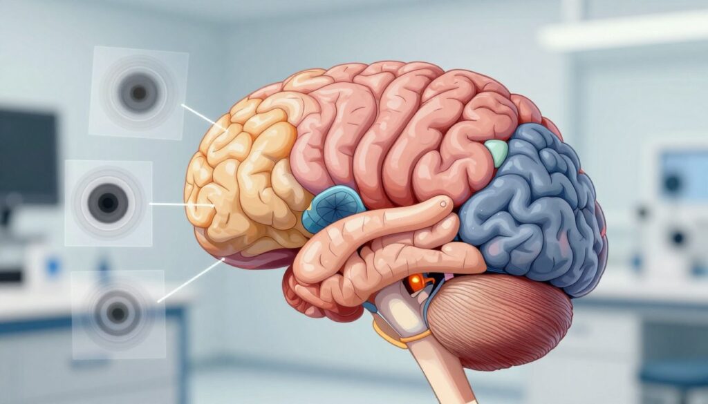 A detailed illustration depicting brain regions associated with vision, highlighting specific areas affected by tumors. In the foreground, a large, detailed diagram of the human brain, color-coded to show different visual processing areas, such as the occipital lobe and temporal lobe. In the middle ground, transparent overlays of common vision impairment symptoms—like blurred vision, double vision, and tunnel vision—emanating from the respective brain areas. The background features a clinical setting, softly blurred to maintain focus on the brain diagram while evoking a professional atmosphere. Lighting is bright and clinical, focusing on clarity and precision, emphasizing the importance of understanding the correlation between brain lesions and vision disorders. The angle is slightly top-down to showcase both the brain and its connection to visual symptoms effectively.