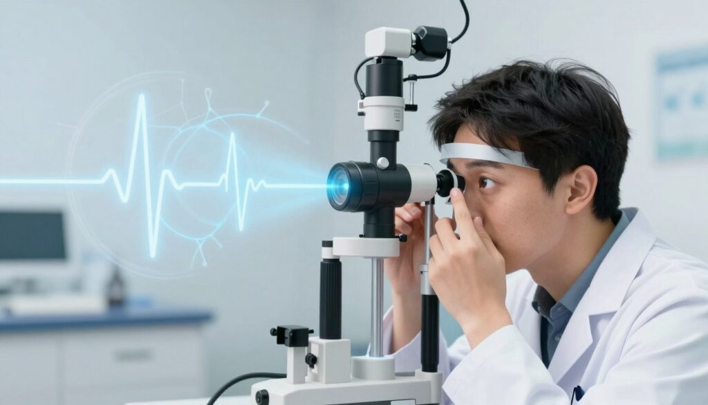 A detailed illustration depicting the theme of systemic diseases and neurological conditions affecting vision. In the foreground, a professional-looking optometrist examines a patient's eye with a high-tech ophthalmic instrument, focusing on reflections highlighting the intricate details of the eye. In the middle ground, an abstract representation of various systemic diseases, such as a blurred heartbeat line and neural pathways, appears to swirl around, symbolizing the connection between these conditions and visual disturbances. The background features a soft-focus clinic environment with muted blues and whites, enhancing a clinical yet serene atmosphere. The lighting is bright, casting a clean, professional glow on the scene, mimicking a medical setting that conveys both urgency and care.