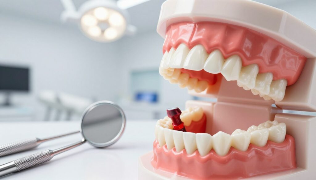 A detailed illustration focusing on a dental model showcasing inflamed gums around a dental bridge. In the foreground, a close-up view of the model highlights the swollen, red gums, with a magnified perspective to capture the inflammation. The middle layer features dental tools like a mirror and probe resting beside the model, suggesting a professional examination environment. The background is softly blurred, showcasing a clean, well-lit dental clinic with bright overhead lighting, creating a sterile and clinical atmosphere. The overall mood is informative and clinical, aimed at educating viewers about dental health issues related to gum inflammation. No human figures are present, ensuring a clear focus on the dental model. A detailed illustration focusing on a dental model showcasing inflamed gums around a dental bridge. In the foreground, a close-up view of the model highlights the swollen, red gums, with a magnified perspective to capture the inflammation. The middle layer features dental tools like a mirror and probe resting beside the model, suggesting a professional examination environment. The background is softly blurred, showcasing a clean, well-lit dental clinic with bright overhead lighting, creating a sterile and clinical atmosphere. The overall mood is informative and clinical, aimed at educating viewers about dental health issues related to gum inflammation. No human figures are present, ensuring a clear focus on the dental model.