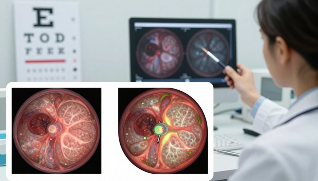 A detailed illustration focusing on systemic diseases affecting the retina, depicted in a medical examination setting. In the foreground, a close-up of a retinal image showcasing various conditions such as diabetic retinopathy and hypertension-related changes, with vibrant colors highlighting abnormalities. The middle ground includes an eye chart and medical instruments, symbolizing an ophthalmological assessment. In the background, a softly blurred image of a healthcare professional in business attire, examining the retinal images on a digital display, conveying a mood of seriousness and concern for eye health. The lighting is bright and clinical, emphasizing clarity and focus on the retinal details, with a slight depth of field effect to provide a professional atmosphere.