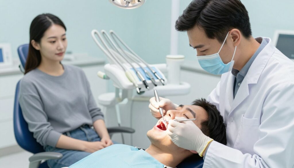 A detailed illustration of a dentist examining a patient's gum recession in a modern clinic setting. In the foreground, focus on a dentist in a crisp white coat and gloves, carefully examining the patient's gums with a dental tool, demonstrating professionalism and expertise. The patient, seated in a dental chair, appears engaged and calm, dressed in a casual yet modest outfit. In the middle background, display dental tools and equipment neatly arranged on a tray, emphasizing a clean and sterile environment. Soft, clinical lighting enhances the atmosphere, highlighting the details of the dental examination. The background features calming colors, such as light blue and white, contributing to a soothing mood. The composition should reflect a sense of trust and care in dental health assessment.