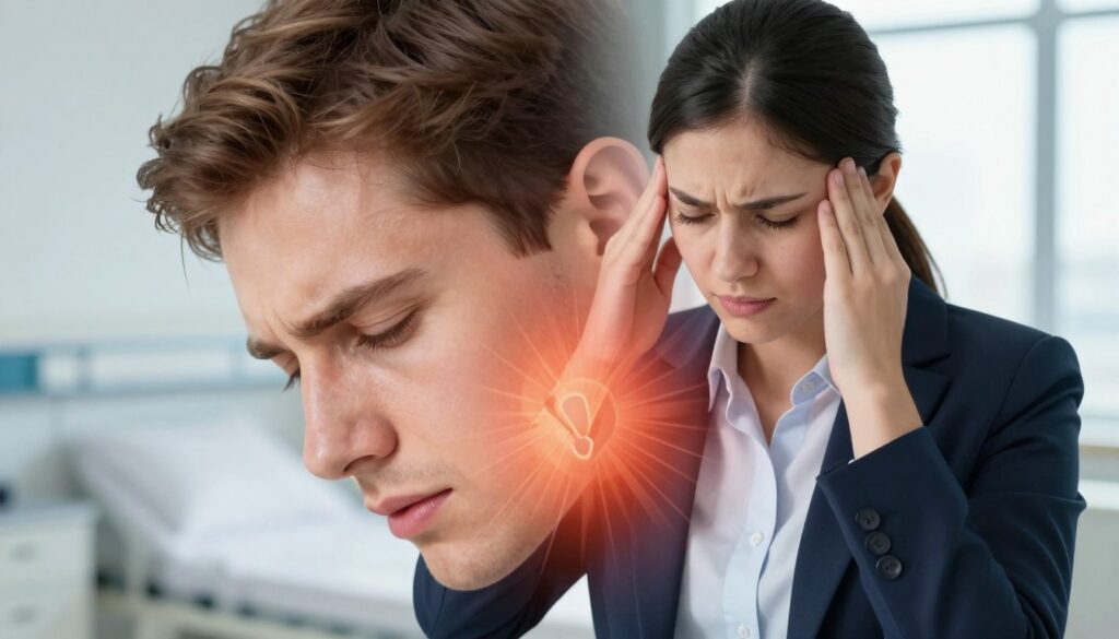 A detailed illustration of a human head, focusing on the area around the jaw and temples to represent symptoms associated with temporomandibular joint dysfunction. In the foreground, a subtle overlay of radiating lines or light to symbolize pain or discomfort spreading from the jaw to the head, with attention to anatomical features. The middle layer showcases a professional individual, dressed in smart business attire, holding their head in a thoughtful pose, indicating strain or discomfort. The background features a calming hospital environment, softly illuminated with natural light to convey a sense of care and professionalism. The overall mood should be serious yet compassionate, highlighting the connection between jaw dysfunction and head-related symptoms. A detailed illustration of a human head, focusing on the area around the jaw and temples to represent symptoms associated with temporomandibular joint dysfunction. In the foreground, a subtle overlay of radiating lines or light to symbolize pain or discomfort spreading from the jaw to the head, with attention to anatomical features. The middle layer showcases a professional individual, dressed in smart business attire, holding their head in a thoughtful pose, indicating strain or discomfort. The background features a calming hospital environment, softly illuminated with natural light to convey a sense of care and professionalism. The overall mood should be serious yet compassionate, highlighting the connection between jaw dysfunction and head-related symptoms.