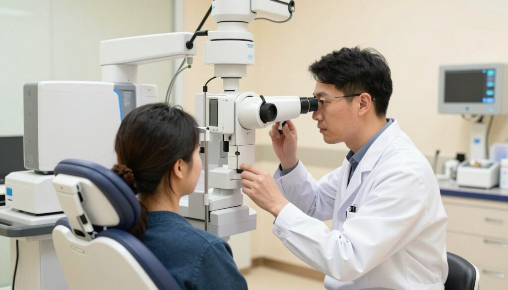 A detailed illustration of a modern ophthalmology clinic performing refractive lens exchange. In the foreground, a skilled ophthalmologist in a professional white coat is meticulously examining a patient seated in an examination chair, using advanced diagnostic equipment and tools. The middle ground features a high-tech surgical setup, complete with sophisticated laser and imaging devices, showcasing the precision involved in laser vision correction alternatives. The background includes a bright, clean clinic environment with warm lighting, conveying a reassuring and professional atmosphere. Soft-focus elements give depth to the image, while the overall composition highlights the blend of technology and patient care in vision correction procedures.