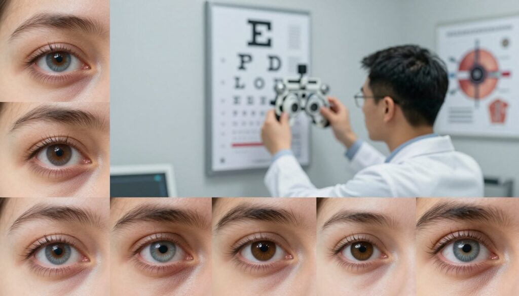 A detailed visual representation of various eye disorders, capturing the impact of visual impairment. In the foreground, a close-up of diverse human eyes exhibiting symptoms of common vision problems such as blurred vision, cataracts, and glaucoma, each eye distinctively highlighted. In the middle ground, a medical professional in professional attire examines an eye chart, portraying the assessment of visual acuity. The background features a softly lit clinical setting with anatomical diagrams of the eye on the walls, enhancing the medical context. The lighting is focused yet soft, creating a serious and informative atmosphere. The overall mood is professional and educational, inviting viewers to reflect on the importance of eye health assessments in relation to military service capabilities. A detailed visual representation of various eye disorders, capturing the impact of visual impairment. In the foreground, a close-up of diverse human eyes exhibiting symptoms of common vision problems such as blurred vision, cataracts, and glaucoma, each eye distinctively highlighted. In the middle ground, a medical professional in professional attire examines an eye chart, portraying the assessment of visual acuity. The background features a softly lit clinical setting with anatomical diagrams of the eye on the walls, enhancing the medical context. The lighting is focused yet soft, creating a serious and informative atmosphere. The overall mood is professional and educational, inviting viewers to reflect on the importance of eye health assessments in relation to military service capabilities.