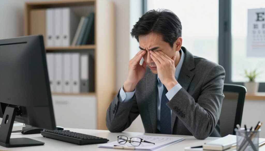 A focused depiction of an adult in a modern office environment, demonstrating signs of vision impairment. The adult, a middle-aged person wearing professional business attire, sits at a desk cluttered with eye care materials, including glasses and eye charts. In the foreground, close-up of the person squinting at a computer screen, showing their furrowed brow, illustrating the strain of their visual condition. The middle ground features a softly blurred bookshelf filled with medical texts on vision health. In the background, a window with natural light streaming in, creating a warm yet serious atmosphere. Use soft lighting to emphasize the subject's concerns about their vision. Capture the mood of frustration and contemplation regarding the challenges of adult vision impairment.
