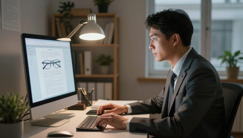 A focused individual in professional attire is sitting at a modern desk while working on a computer, highlighting the importance of ergonomics and vision care. The foreground features the person, with their face illuminated by soft, warm light from a desk lamp, emphasizing their concentration. In the middle, a clear view of the computer screen shows an organized workspace with documents and reading glasses, symbolizing the balance between reading and screen time. In the background, a cozy office atmosphere is created with bookshelves and plants, suggesting a professional environment. The mood is focused and informational, capturing the essence of comfortable and effective reading in both digital and print formats. The scene is shot from a slight angle to enhance depth and engage the viewer visually. A focused individual in professional attire is sitting at a modern desk while working on a computer, highlighting the importance of ergonomics and vision care. The foreground features the person, with their face illuminated by soft, warm light from a desk lamp, emphasizing their concentration. In the middle, a clear view of the computer screen shows an organized workspace with documents and reading glasses, symbolizing the balance between reading and screen time. In the background, a cozy office atmosphere is created with bookshelves and plants, suggesting a professional environment. The mood is focused and informational, capturing the essence of comfortable and effective reading in both digital and print formats. The scene is shot from a slight angle to enhance depth and engage the viewer visually.