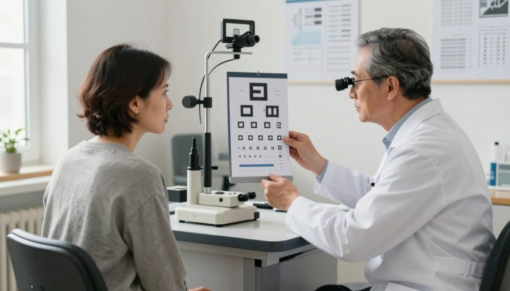 A focused medical office scene illustrating the diagnostic process for vision disorders. In the foreground, a middle-aged doctor, dressed in a white coat, examines an eye chart with a concerned patient seated on an examination chair, wearing modest casual clothing. In the middle, various diagnostic tools such as an optometry phoropter and an eye examination lamp are visible, symbolizing the clinical environment. The background features a calm and organized office with charts on the walls, natural sunlight streaming through a window, creating an atmosphere of professionalism and trust. The overall mood is serious yet reassuring, emphasizing the importance of understanding vision-related issues, particularly in the context of stress and anxiety.