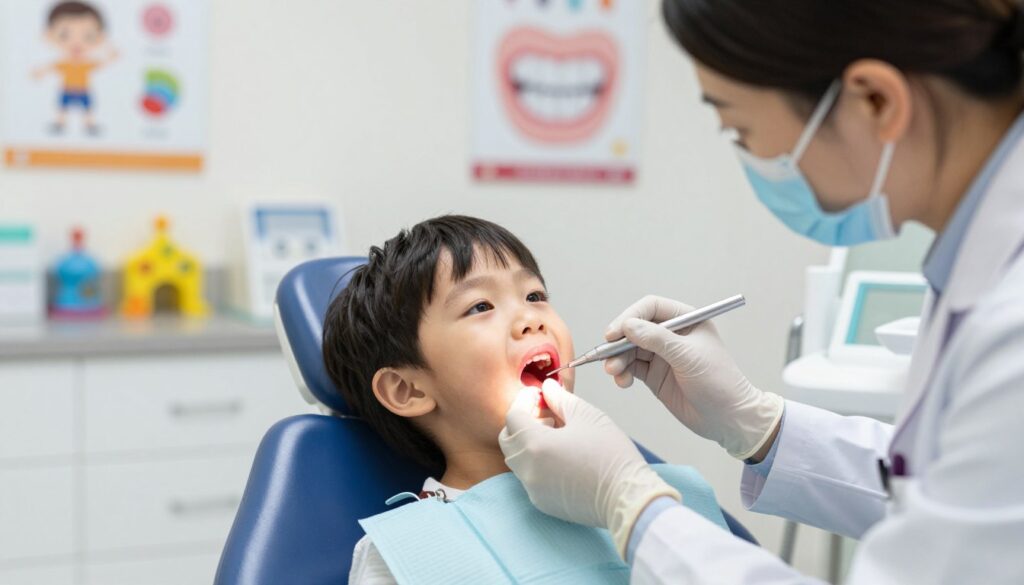 A focused, professional depiction of a pediatric dentist's clinic examining a child with a mild case of viral gingivitis. In the foreground, a young child, around 5 years old, sits in a dental chair, wearing a simple, modest shirt. The child has swollen, red gums, showcasing signs of inflammation. The dentist, dressed in a white coat and protective gloves, gently examines the child's mouth with a dental instrument, displaying a caring demeanor. In the middle ground, colorful pediatric dental equipment can be seen, and educational posters about dental health adorn the walls. The background features bright, soft lighting to create a warm, welcoming atmosphere. The image should have a shallow depth of field to focus primarily on the child and dentist, intentionally blurring the surroundings to emphasize the examination process.