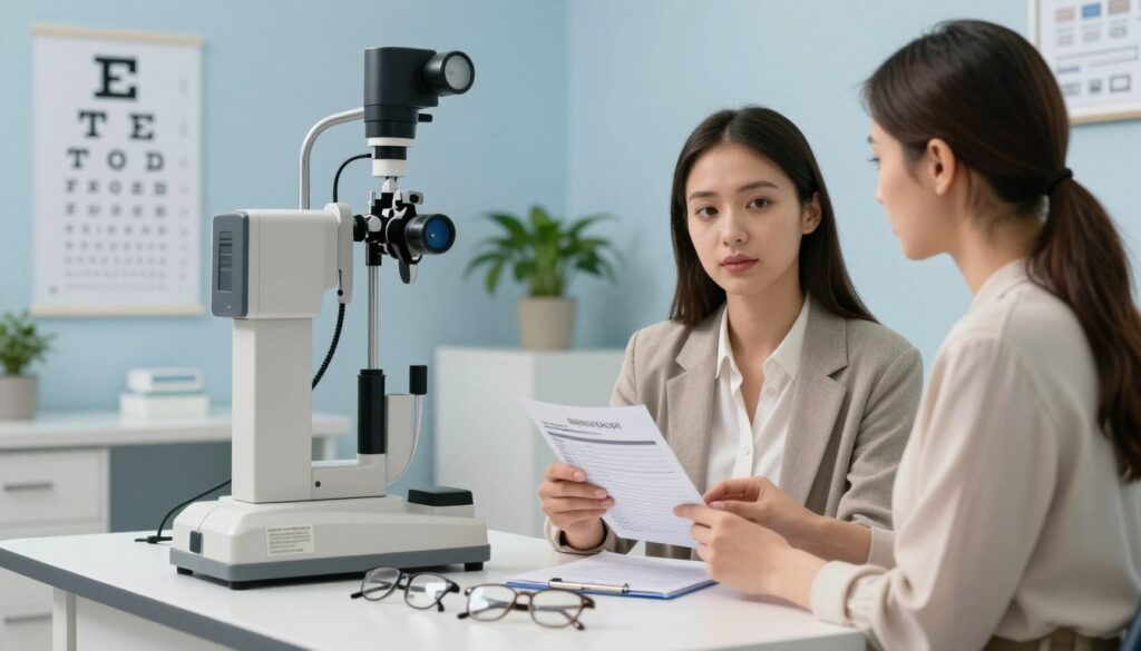 A focused scene depicting a young adult woman preparing for an eye examination at an ophthalmologist's office. In the foreground, she sits at a sleek, modern desk, where an optometrist’s equipment is neatly arranged, including a phoropter and visual testing charts. The middle area shows her wearing smart casual attire, thoughtfully reviewing a checklist of items needed for the upcoming vision test, like glasses and a form of identification. The background features a well-lit clinical environment with light blue walls and calming plants. Soft, ambient lighting adds warmth, creating a professional yet welcoming atmosphere. The composition captures a sense of anticipation and preparedness, ideal for conveying the essence of preparing for a vision assessment.