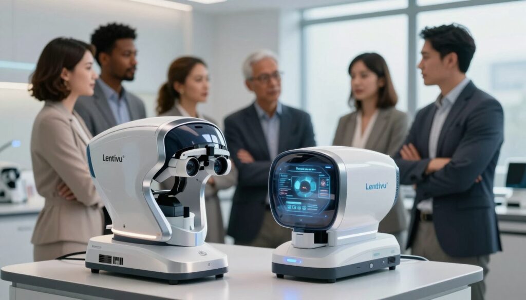 A futuristic clinic setting focused on vision correction techniques, showcasing the innovative devices Lentivu® and SmartSight. In the foreground, a sleek, chrome-finished Lentivu® device is prominently displayed on a polished surface, illuminated by soft, ambient lighting that highlights its modern design. Beside it, the SmartSight device radiates sophistication, featuring a holographic interface that gleams under the lights. In the middle ground, a professional, diverse group of individuals in business attire discusses the devices with an air of curiosity and enthusiasm. The background includes subtle hints of high-tech medical equipment and calming colors, with large windows allowing natural light to stream in, creating an atmosphere of hope and advancement in vision correction methods. The overall mood is innovative and aspirational. A futuristic clinic setting focused on vision correction techniques, showcasing the innovative devices Lentivu® and SmartSight. In the foreground, a sleek, chrome-finished Lentivu® device is prominently displayed on a polished surface, illuminated by soft, ambient lighting that highlights its modern design. Beside it, the SmartSight device radiates sophistication, featuring a holographic interface that gleams under the lights. In the middle ground, a professional, diverse group of individuals in business attire discusses the devices with an air of curiosity and enthusiasm. The background includes subtle hints of high-tech medical equipment and calming colors, with large windows allowing natural light to stream in, creating an atmosphere of hope and advancement in vision correction methods. The overall mood is innovative and aspirational.