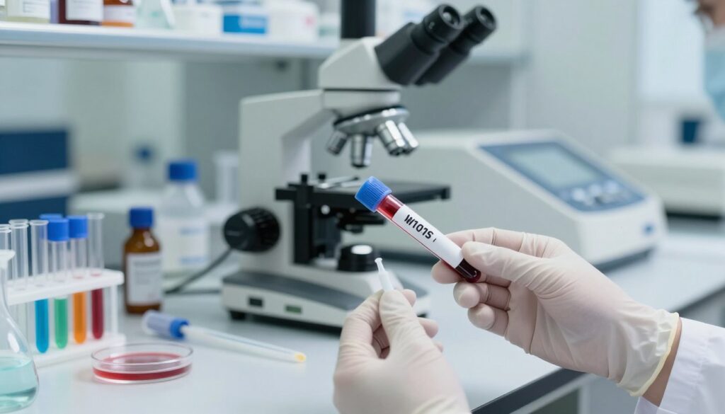 A laboratory scene focusing on a blood test being conducted. In the foreground, a gloved hand holds a filled blood vial, with a small pipette nearby. The middle ground features a microscope and various lab equipment such as petri dishes and test tubes filled with colorful reagents. In the background, softly blurred shelves lined with medical supplies and a blood testing machine. Bright, sterile lighting illuminates the workspace, casting gentle shadows. The atmosphere is calm and clinical, conveying professionalism and attention to detail. The image should evoke a sense of scientific rigor and diagnostic precision, capturing the essence of medical testing without including any human subjects. A laboratory scene focusing on a blood test being conducted. In the foreground, a gloved hand holds a filled blood vial, with a small pipette nearby. The middle ground features a microscope and various lab equipment such as petri dishes and test tubes filled with colorful reagents. In the background, softly blurred shelves lined with medical supplies and a blood testing machine. Bright, sterile lighting illuminates the workspace, casting gentle shadows. The atmosphere is calm and clinical, conveying professionalism and attention to detail. The image should evoke a sense of scientific rigor and diagnostic precision, capturing the essence of medical testing without including any human subjects.