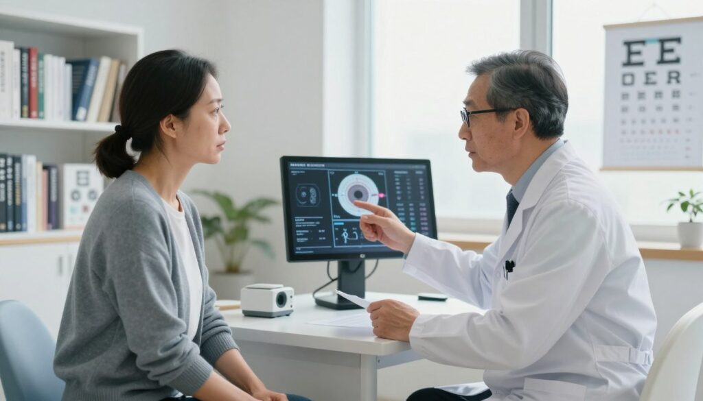 A medical consultation room featuring an eye specialist examining a patient's records. In the foreground, a concerned middle-aged patient in professional attire is sitting on an examination table, listening attentively to the doctor. The doctor, wearing a white coat and glasses, gestures towards a digital display showing various medical diagrams related to eye surgery contraindications. In the middle ground, shelves are filled with medical textbooks and eye charts, while the background reveals a large window with soft, natural light streaming in, creating a calm atmosphere. The overall mood should convey professionalism and seriousness, highlighting the importance of discussing alternatives and contraindications in eye surgery.