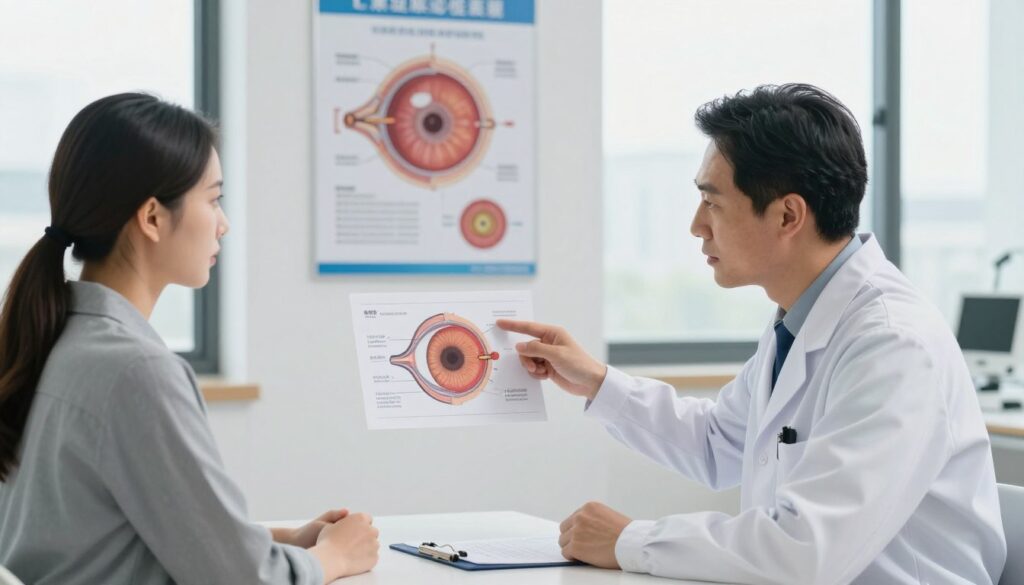 A medical consultation scene focusing on potential complications of laser eye surgery. In the foreground, a concerned patient, wearing business casual attire, sits in a well-lit, modern medical office. A qualified ophthalmologist, dressed in a white coat, is discussing possible symptoms with the patient, pointing to a diagram highlighting the eye's anatomy. The middle layer features a detailed anatomical poster on the wall showcasing common post-operative complications, like dry eyes or halos. In the background, soft, diffused natural light filters through large windows, creating a calm, reassuring atmosphere, emphasizing professionalism and care. The scene conveys a sense of urgency yet tranquility, reflecting the serious subject matter while maintaining a reassuring environment.