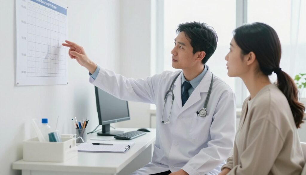 A medical professional, a male doctor in a white coat, discusses recovery with a patient in a clinical office setting after laser eye surgery. The doctor is gesturing towards a chart on the wall showing typical recovery timelines. In the foreground, the patient, wearing modest casual clothing, looks engaged and attentive. The middle ground features a desk with medical instruments and a computer, while in the background, bright, soft lighting streams in through a window, creating a clean and serene atmosphere. The focus is on the interaction between the doctor and the patient, conveying trust and professionalism, as they navigate the important topic of post-surgery recovery time and associated considerations. A medical professional, a male doctor in a white coat, discusses recovery with a patient in a clinical office setting after laser eye surgery. The doctor is gesturing towards a chart on the wall showing typical recovery timelines. In the foreground, the patient, wearing modest casual clothing, looks engaged and attentive. The middle ground features a desk with medical instruments and a computer, while in the background, bright, soft lighting streams in through a window, creating a clean and serene atmosphere. The focus is on the interaction between the doctor and the patient, conveying trust and professionalism, as they navigate the important topic of post-surgery recovery time and associated considerations.