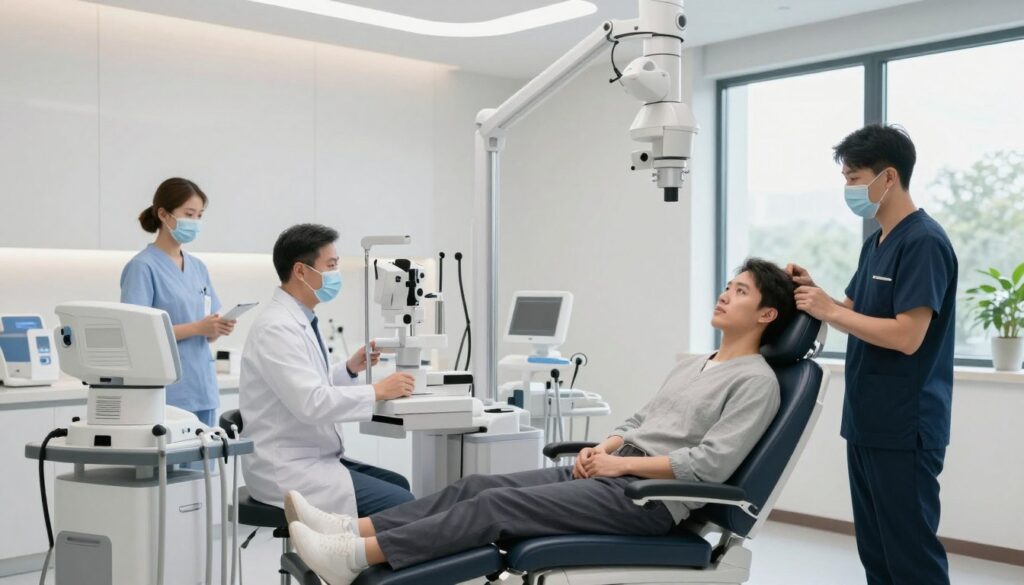 A modern eye clinic interior during a laser eye surgery session. In the foreground, a patient in comfortable hospital attire is sitting calmly in a high-tech examination chair, looking relaxed but focused. Medical professionals in professional attire, including an ophthalmologist and a nurse, are engaged in preparing the equipment nearby, showcasing advanced medical machines and laser devices. The middle ground features a bright and sterile environment, with sleek walls and soft lighting overhead, creating a reassuring atmosphere. In the background, large windows allow natural light to illuminate the room, while a subtle view of greenery outside enhances the sense of calm. The overall mood is one of professionalism and tranquility, emphasizing the importance of preparation and recovery time in the clinical experience. A modern eye clinic interior during a laser eye surgery session. In the foreground, a patient in comfortable hospital attire is sitting calmly in a high-tech examination chair, looking relaxed but focused. Medical professionals in professional attire, including an ophthalmologist and a nurse, are engaged in preparing the equipment nearby, showcasing advanced medical machines and laser devices. The middle ground features a bright and sterile environment, with sleek walls and soft lighting overhead, creating a reassuring atmosphere. In the background, large windows allow natural light to illuminate the room, while a subtle view of greenery outside enhances the sense of calm. The overall mood is one of professionalism and tranquility, emphasizing the importance of preparation and recovery time in the clinical experience.