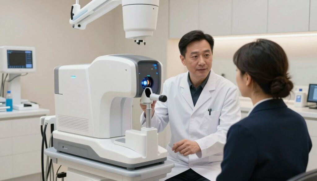 A modern eye clinic interior focused on laser eye surgery. In the foreground, there’s a sleek laser surgery machine with glowing components, designed for precision. The middle ground features an experienced ophthalmologist in a professional white coat, attentively explaining the procedure to a patient in business attire. The background shows an advanced surgical suite with medical instruments and a neutral color palette, creating a clean and sterile atmosphere. Soft, bright lighting highlights the equipment, casting gentle reflections on polished surfaces. The mood conveys professionalism and reassurance, capturing the essence of a reliable healthcare environment for vision correction procedures. No people other than the doctor and patient should be present, maintaining focus on the surgery context without distractions.