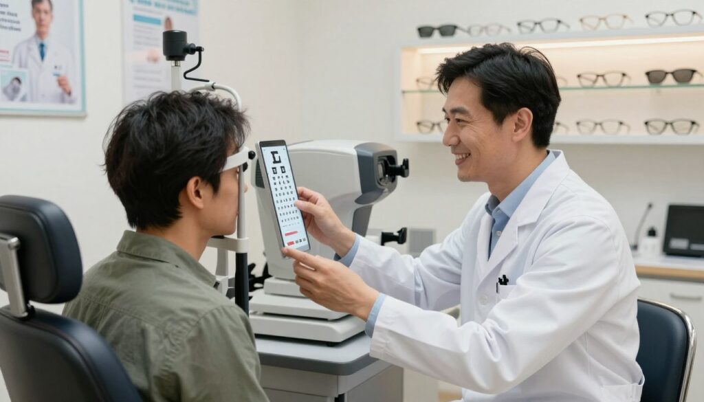 A modern eye examination room featuring a friendly optometrist and a patient sitting in a comfortable chair. In the foreground, the optometrist, dressed in a professional lab coat, is holding a vision chart and explaining the test to the attentive patient, who is casually dressed. The middle ground includes an eye exam machine and various optical instruments like a phoropter and an autorefractor. The background showcases a well-lit room with shelves of eyeglasses and medical posters on the walls, emphasizing a professional yet welcoming atmosphere. Soft, diffused natural lighting creates a calming mood, and the angle captures both the optometrist and patient in a close-up view, highlighting their interaction and the testing process.