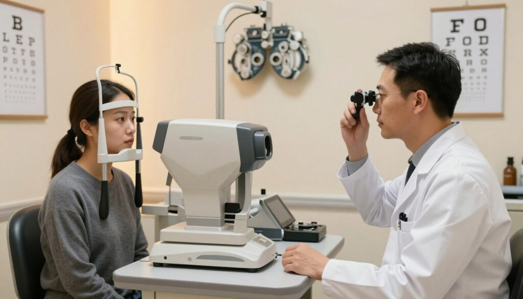 A modern eye examination room featuring an experienced optometrist in a crisp white lab coat, attentively examining a patient's vision. The foreground shows the optometrist using advanced diagnostic equipment, with the patient sitting comfortably in an examination chair, looking focused and a bit apprehensive. In the middle ground, there are high-tech devices such as a phoropter and an eye chart on the wall. The background features warm lighting and minimalist decor to create a welcoming atmosphere. The scene should evoke a sense of professionalism and care, emphasizing the importance of seeing an eye doctor for thorough vision assessments rather than just correction. Soft, diffused lighting highlights the details in the room, contributing to a calm and reassuring mood.