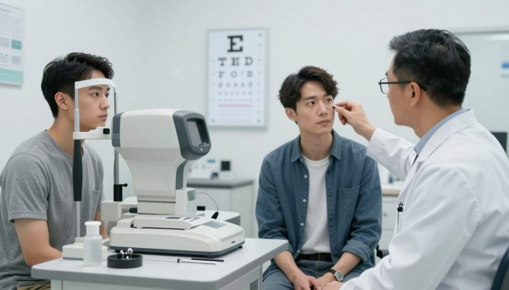 A modern eye examination room featuring an optometrist and a patient engaged in a visual acuity test. In the foreground, the optometrist, a middle-aged professional in a white lab coat and glasses, is demonstrating the use of an eye chart. The patient, a young adult in smart casual attire, is seated comfortably, focusing on the chart with a look of concentration. In the middle ground, there is an eye-testing machine, and various tools neatly arranged on a desk. The background displays a well-lit, clean environment with soft, diffused lighting illuminating the scene, creating a calm and professional atmosphere. The image conveys the seriousness and importance of eye testing in a clinical setting.