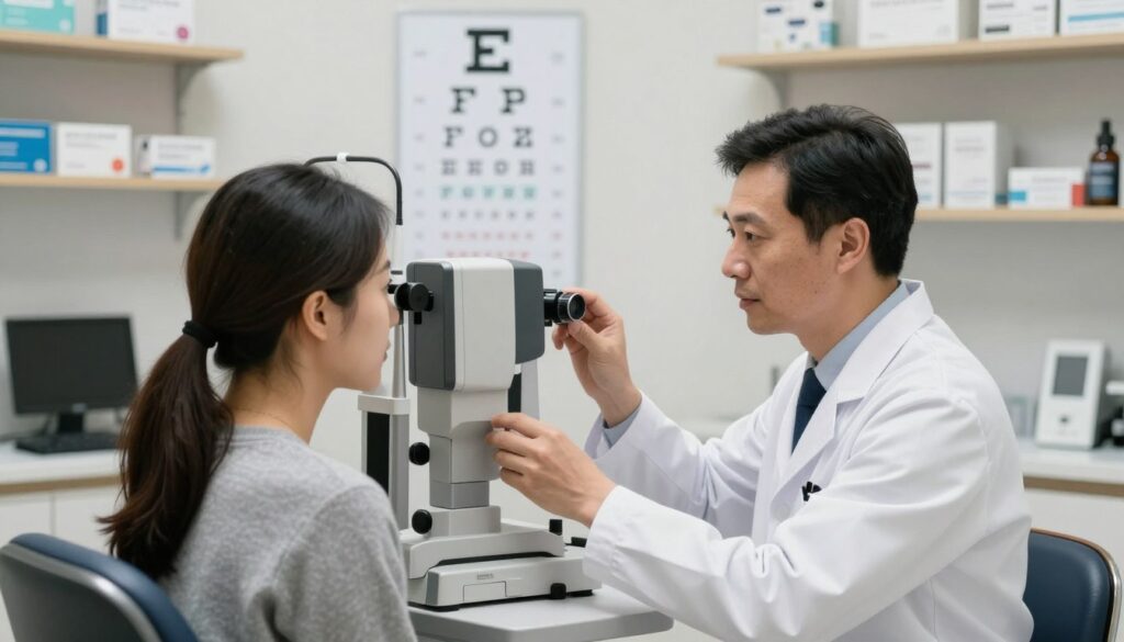 A modern eye examination setting in a well-lit optometrist's office. In the foreground, a professional optometrist, dressed in a white lab coat, is assisting a patient seated in an ergonomic chair, both focused on a high-tech phoropter. The optometrist adjusts the device, demonstrating a careful and attentive demeanor. In the middle ground, an eye chart is visible on the wall, with various letters and symbols for visual acuity testing. The background features shelves with eye care products and medical equipment, creating a clinical yet welcoming atmosphere. Soft, natural lighting highlights the professionalism of the scene, evoking a sense of trust and comfort in eye care.