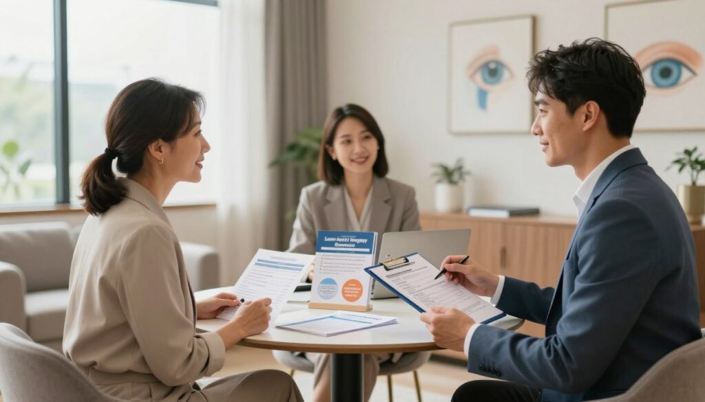 A modern financial planning scene set in an elegant office space, showcasing a diverse group of professionals discussing financing options for laser eye surgery. In the foreground, a middle-aged woman in professional attire, holding a financial planner, shares insights with a younger man in a smart blazer. In the middle ground, there's a table adorned with brochures about payment plans, promotional offers, and health insurance options. The room is brightly lit by large windows, creating a warm and inviting atmosphere, with soft furniture and a calming color palette. The background features a wall with subtle artwork related to eye health and wellness, enhancing the theme of affordability and access to medical procedures. The overall mood is optimistic and collaborative, emphasizing informed decision-making in healthcare financing.