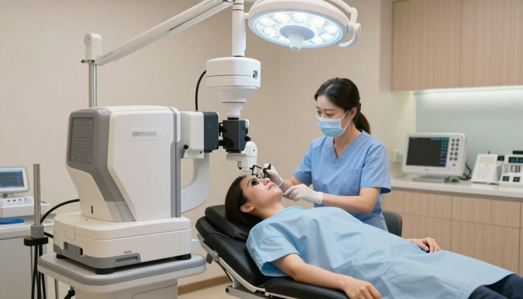 A modern ophthalmology clinic interior during a laser eye surgery procedure, showcasing a patient comfortably reclining on an examination table, wearing a modest surgical gown. The foreground features a specialized laser device, with its machinery illuminated by soft, clinical lighting. In the middle ground, a medical professional in professional attire attentively monitors the patient, utilizing advanced technology. The background depicts medical equipment and sterilized environments, with soothing colors creating a calm atmosphere. Bright overhead lights focus on the patient, enhancing the clarity and precision of the procedure. The overall mood is one of professionalism and tranquility, conveying the high level of care and expertise involved in laser vision correction.