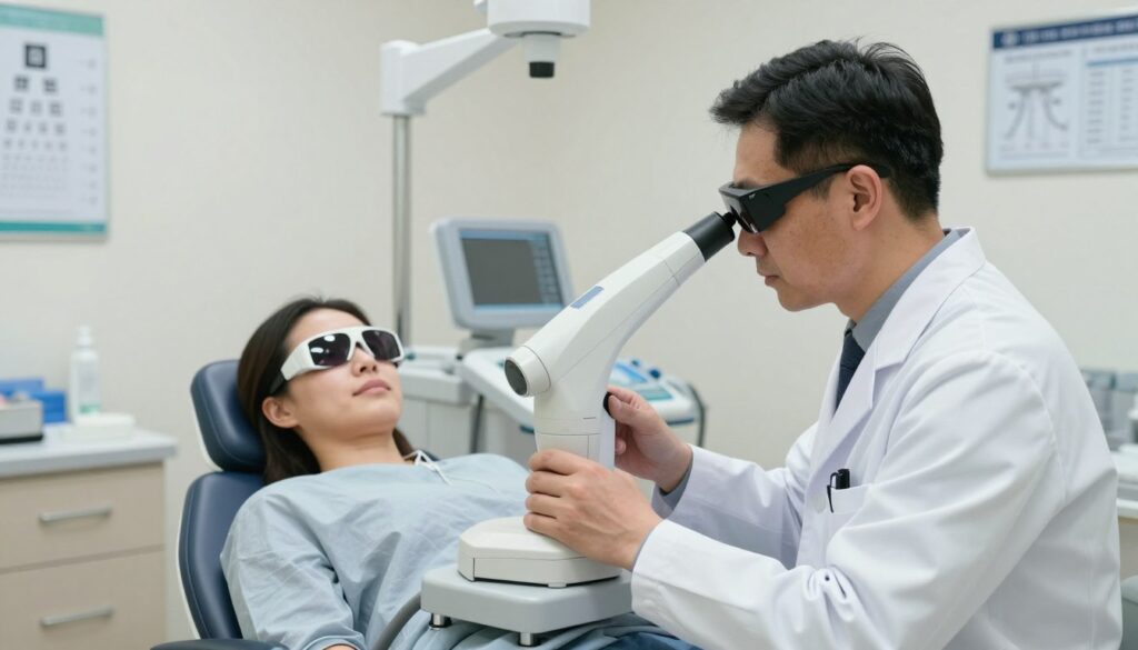 A modern ophthalmology clinic interior showcasing a focused eye doctor performing a corneal surgery procedure. In the foreground, the doctor, wearing a clean, professional white lab coat and safety goggles, is carefully adjusting a sophisticated laser device aimed at a patient's eye. The middle ground features the patient reclined comfortably in an advanced examination chair, their face calm and focused, with protective eyewear in place. The background shows medical equipment, charts detailing vision correction methods, and soft, bright lighting illuminating the space to create a serene and professional atmosphere. Emphasize professionalism and technological advancement, highlighting the surgical precision involved in corneal correction.