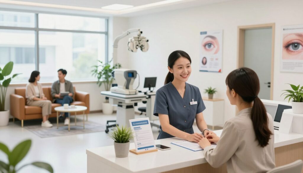 A modern ophthalmology clinic interior, showcasing a spacious and welcoming reception area. In the foreground, a friendly receptionist in professional attire is assisting a patient at the counter, with an informative brochure about eye examinations visible. The middle ground features comfortable seating for patients with stylish decor and potted plants for a calming atmosphere. The background reveals an examination room with advanced eye testing equipment and posters on eye health. Bright, natural lighting floods in from large windows, creating an uplifting ambiance. The overall mood is professional yet inviting, suitable for individuals seeking eye care services, embodying a sense of trust and accessibility.