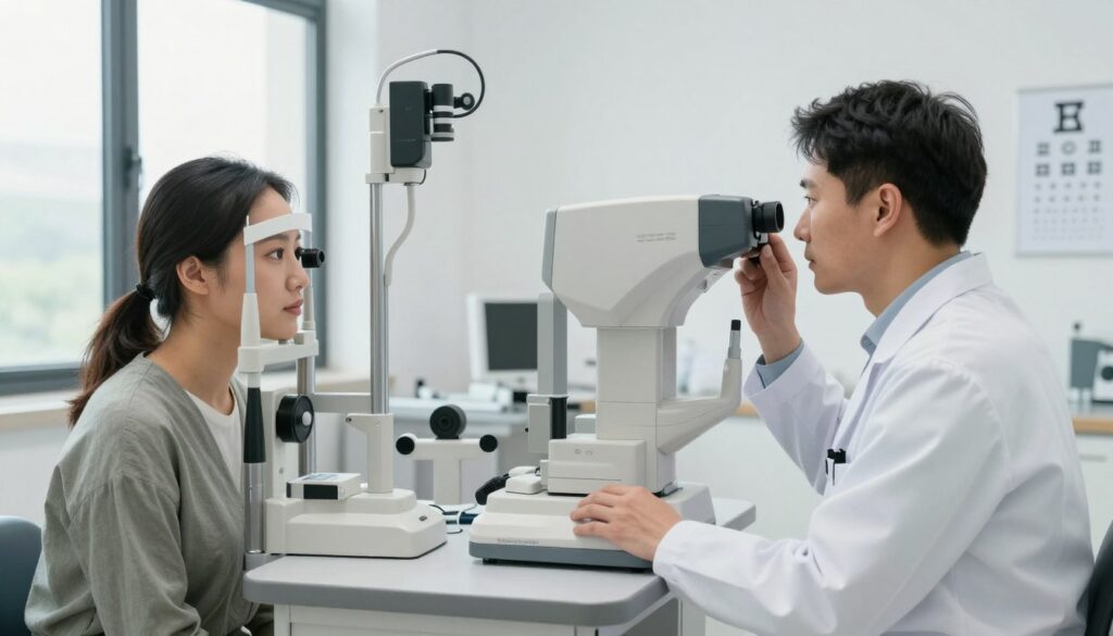 A modern ophthalmology clinic interior with a focus on eye examination diagnostics. In the foreground, a professional eye specialist in a white lab coat is expertly examining a patient's eyes using a state-of-the-art autorefractor machine. The patient, wearing modest casual clothing, appears attentive and relaxed. In the middle, various diagnostic tools like a phoropter and optotype charts are neatly arranged, reflecting a sense of organization and professionalism. The background showcases large windows allowing natural light to flood the room, creating a bright and inviting atmosphere. The overall mood is one of care, expertise, and technological advancement in eye health, captured with soft, diffused lighting to enhance the serene environment. The image should have a focused, slightly angled perspective to emphasize the interaction between the specialist and the patient. A modern ophthalmology clinic interior with a focus on eye examination diagnostics. In the foreground, a professional eye specialist in a white lab coat is expertly examining a patient's eyes using a state-of-the-art autorefractor machine. The patient, wearing modest casual clothing, appears attentive and relaxed. In the middle, various diagnostic tools like a phoropter and optotype charts are neatly arranged, reflecting a sense of organization and professionalism. The background showcases large windows allowing natural light to flood the room, creating a bright and inviting atmosphere. The overall mood is one of care, expertise, and technological advancement in eye health, captured with soft, diffused lighting to enhance the serene environment. The image should have a focused, slightly angled perspective to emphasize the interaction between the specialist and the patient.