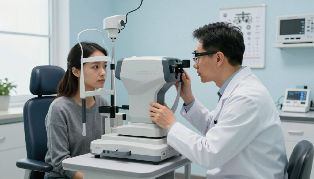 A modern optometrist's office showcasing a professional optometrist examining a patient’s eyes. In the foreground, the optometrist, wearing a white lab coat and safety glasses, is focusing intently while using an advanced autorefractor machine. The patient, comfortably seated in a well-lit examination chair, appears calm and engaged. The middle ground features various eye charts and optometry equipment neatly arranged, establishing a clinical yet inviting atmosphere. In the background, large windows let in soft, natural light, illuminating the room and adding warmth. The color palette is soothing, with light blues and whites dominating, enhancing the feeling of comfort and professionalism. This image encapsulates the essence of an optometrist's practice, highlighting their role in eye care.